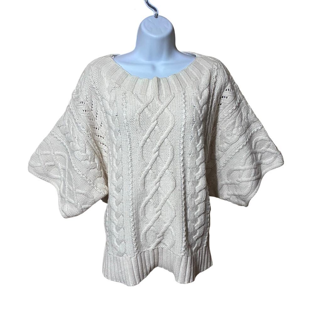 Express Womens Oversized Cable Knit Short Sleeve Sweater L Cream Fisherman Boho